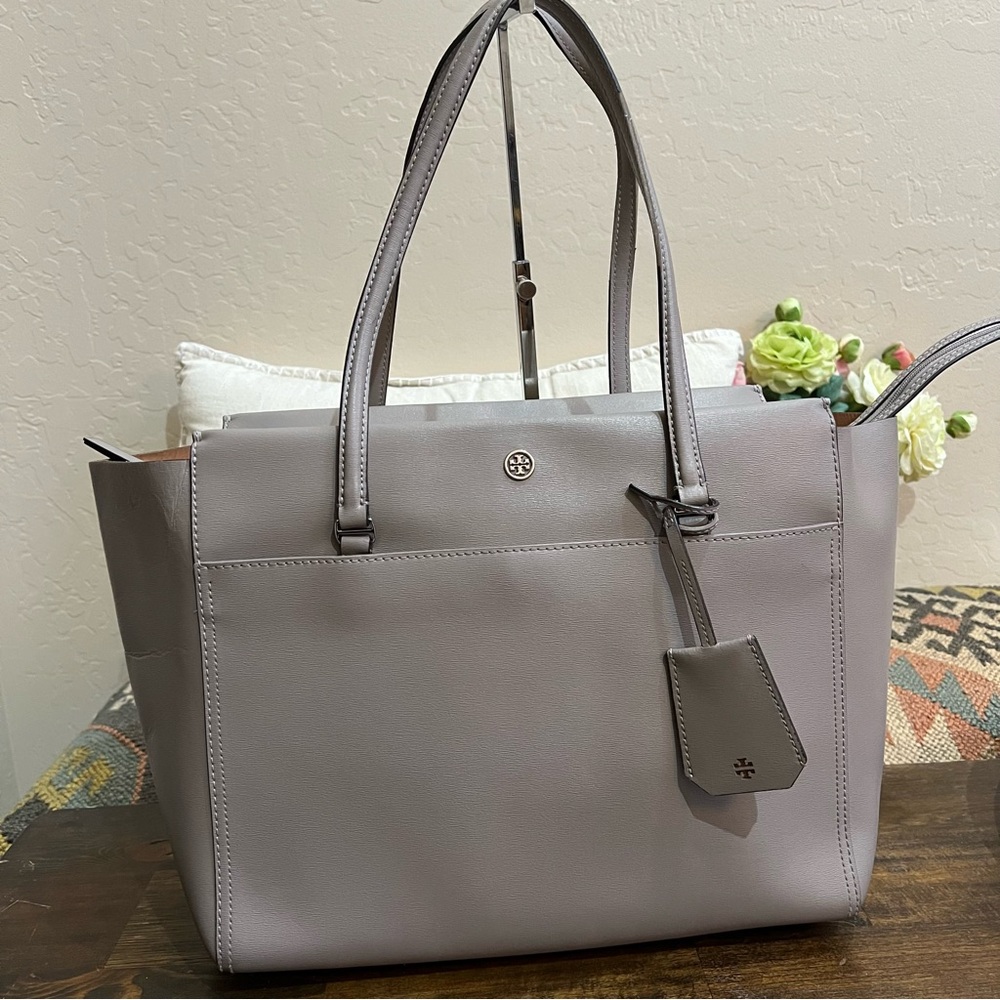 Tory Burch Parker Gray Saffiano Leather Top Zip Tassel Tote